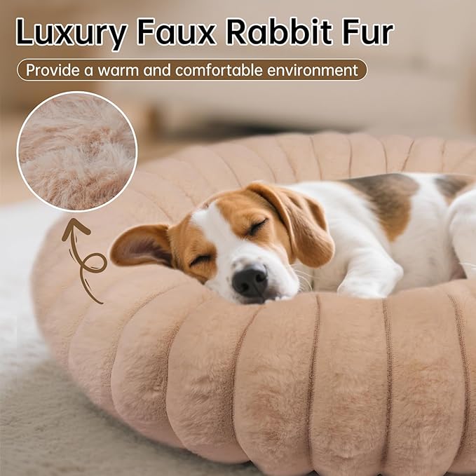 Vhen When Donut Dog and Cat Bed, Luxurious Comfortable Faux Rabbit Fur Pet Beds, Round Anti-Anxiety Calming Puppy Kitten Bed with Anti-Slip Bottom for Small Medium Large Dogs & Cats(31", Brown)