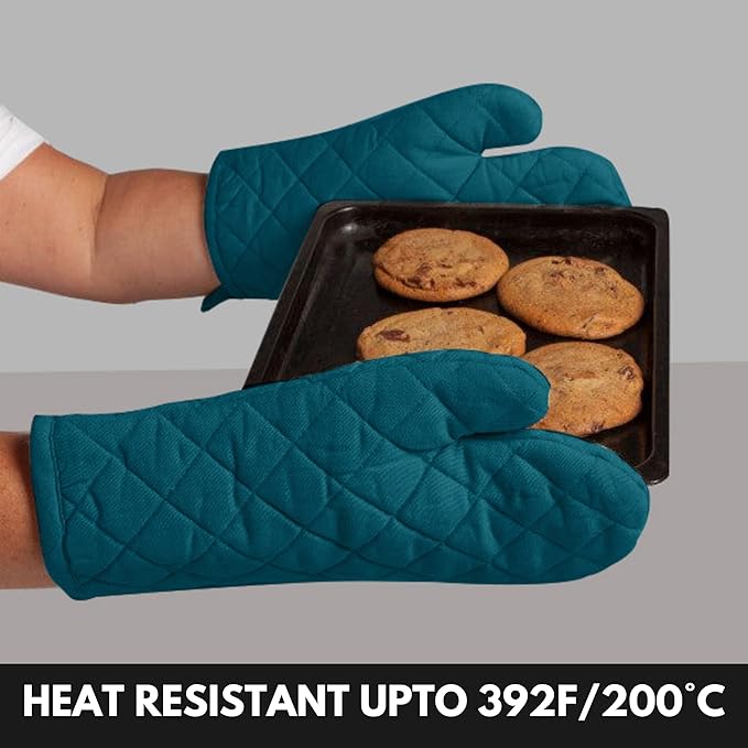 Oven Mitt & Pot Holder 100% Cotton Heat Resistant Kitchen Oven Mitt (7"x13") & Pot Holder (8"x8") for Gifts, Chef, Restaurants - Teal