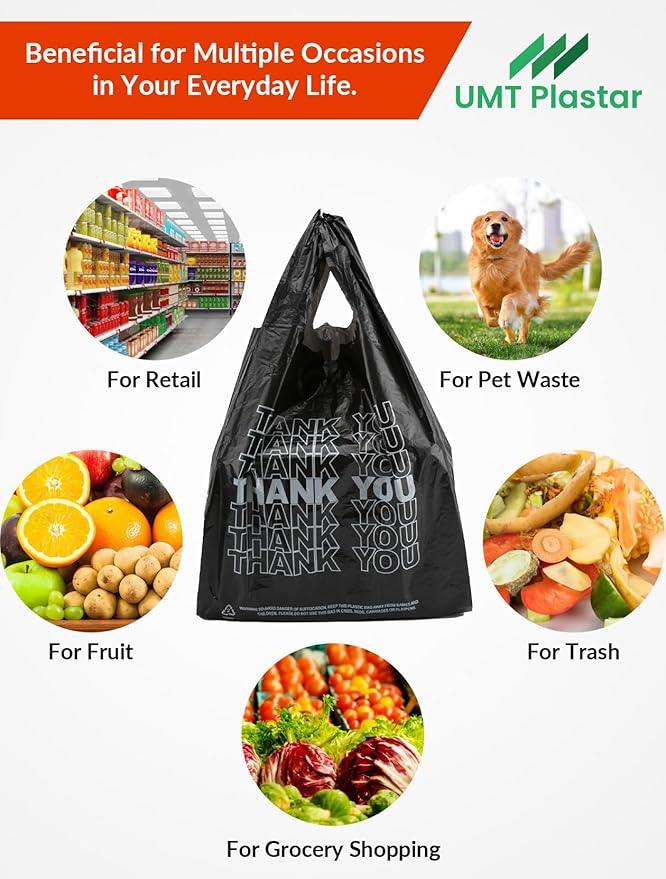 UMT Plastar 500 Count Thank You Plastic Bags, 12" x 6" x 22", 15 Mic Black Grocery Bags with Handles, Ideal for Restaurants, Retail, Grocery Stores, Takeout, Convenience Stores