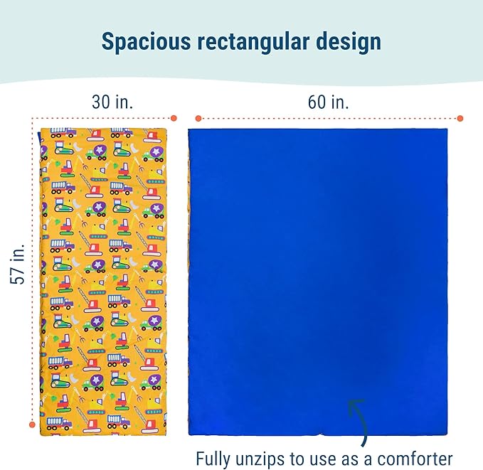 Wildkin Kids Sleeping Bag – Roll-Up Design with Storage Bag for School, Travel & Camping - Under Construction