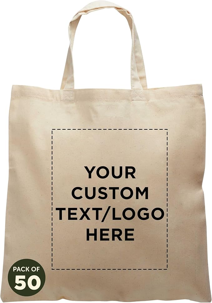 DISCOUNT PROMOS Custom Cotton Tote Bags (Set of 50) - Personalized, Reusable & Eco-Friendly - Perfect for Grocery, Promotions, Branding - Natural Color, 14.5"X16.75", 4 OZ Cotton