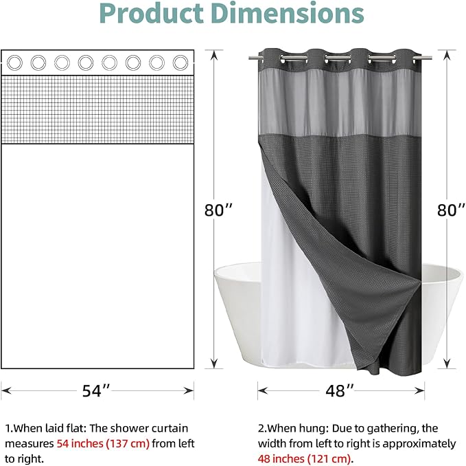 eachope Charcoal Grey No Hook Waffle Weave Shower Curtain with snap-in Liner Replacement, 230GSM Waterproof Fabric Hotel Shower Curtain Set for Bathroom, Through Mesh Top Window,54Wx80H