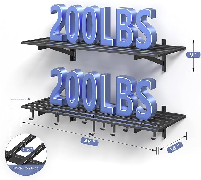 Jusgym 2-Pack 1.5x4ft Garage Shelving Wall Mounted, 1.5' x 4' Heavy Duty Garage Storage Shelves with Hooks, 400LB Capacity