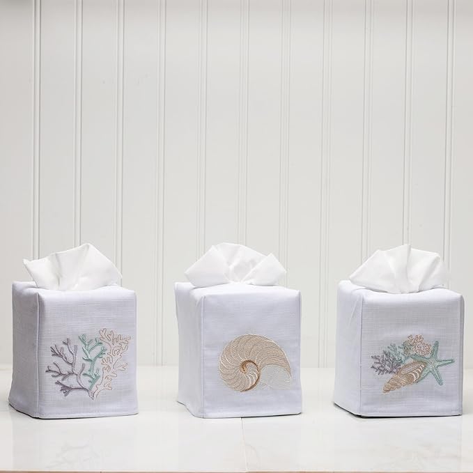 Jacaranda Living Square Tissue Box Cover, Linen/Cotton Fabric Tissue Holder, Decorative Cloth Tissue Cube Cover, Coastal Designs Striped Nautilus (Beige)