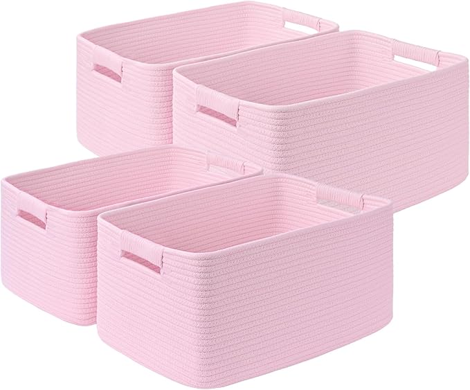 4 Pack Large Storage Basket for Organizing, 17.5"x13.5"x7.5" Woven Basket for Shelves, Closet Cube Storage Bins with Wrapped Handle, Cotton Rope Baskets for Kitchen, Clothes, Toys(Light Pink)