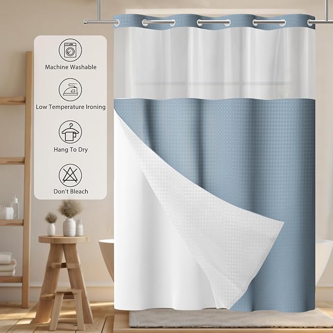 GICDSU No Hook Shower Curtain with Snap in Liner, Waffle Shower Curtain Set for Bathroom, Hotel Style with Semi-Sheer Top Window, Waterproof & Washable, Fog Blue, 71" W x 75" L