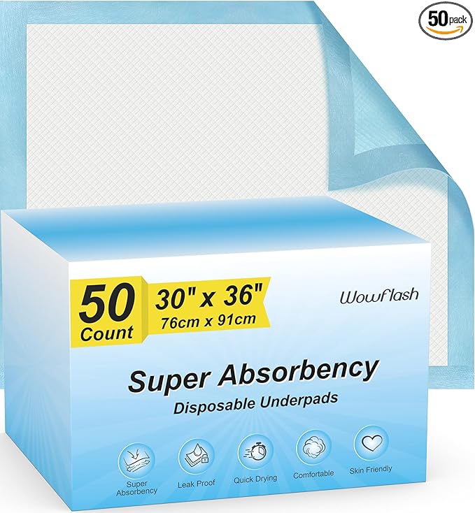 Wowflash Super Absorbency Disposable Leakproof Underpads with Quick Drying for Baby, Adults, Puppy, Dog Bed Pee Pads, Extra Large, XXL Incontinence Pads, 30” x 36”, 50 Count
