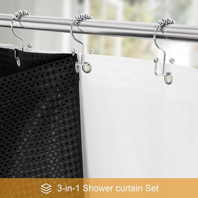Craidlela 3 in 1 Long Shower Curtain Set-72 W x 78 H, Black Waffle and PEVA Liner Set with 12 Stainless Steel Hooks, Waterproof Fabric for Bathroom