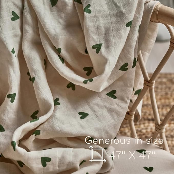 Huxie Swaddle - 100% Organic Cotton - Muslin Swaddle Blankets for Newborn, 47" x 47" (Green Hearts)
