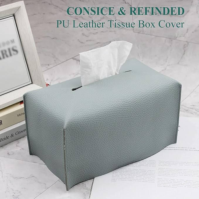 Livelab Tissue Box Cover, Modern Decorative PU Leather Rectangular Tissue Box Case Organizer Holder for Vanity Countertop, Night Stands, Livingroom, Office Desk & Car 9.5X5X5'' | Water Blue