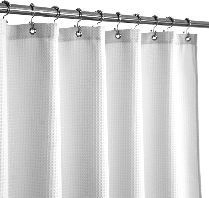 Wide Fabric Shower Curtain Waffle Weave 96 Width by 72 Height inches, Hotel Luxury Spa, 230 GSM Heavyweight, Water Repellent, Machine Washable, White Pique Pattern Bathroom Curtain, 96x72