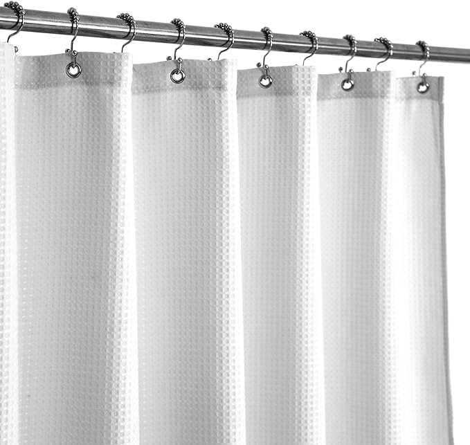 Barossa Design Long Shower Curtain with 80 inch Height, Fabric, Waffle Weave, Hotel Luxury Spa, Water Repellent, Machine Washable, 230 GSM Heavy Duty, White Pique Pattern Decorative Bathroom Curtain