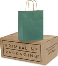 Prime Line Packaging Kraft Paper Bags, Green Gift Bags Small with Handles for Small Business, Birthdays, Wedding Favors, Holidays, Shopping, Bulk, 8x4x10, 100 Pack