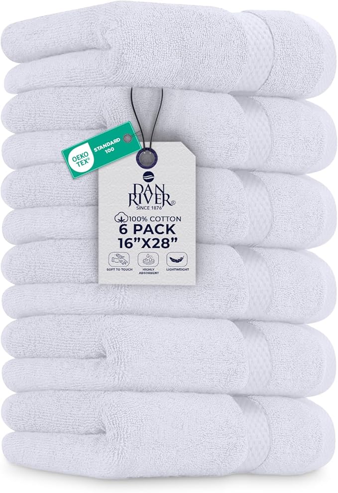 DAN RIVER 6-Pack Premium Hand Towels (16x28 Inches) - 100% Cotton, Ultra Soft, Lightweight, Highly Absorbent Towels for Bathroom, Spa, Gym, Salon, Hotel, and Travel - 550 GSM – White
