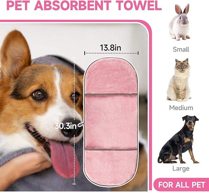 KUEIOX Dog Washing Gloves - Quick Drying Dog Towel,Cat Bath Grooming Gloves Brush with High-Density Teeth for Bathing Massaging，Absorbent Pet Bath Towel 30.3"x13.8" with Hand Pocket for Dog Cat Pink