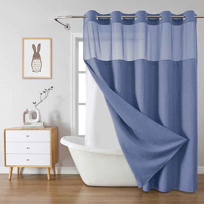 eachope MoonLightBlue Extra Long No Hook Waffle Weave Shower Curtain with snap-in Liner Replacement, 230GSM Waterproof Fabric Hotel Shower Curtain Set for Bathroom, Through Mesh Top Window,71Wx86H