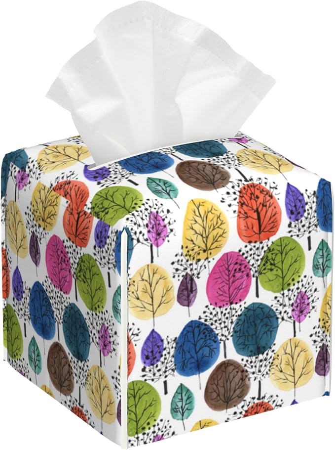 BLYKVGHQ Colorful Abstract Trees Tissue Box Cover Square, Tissue Box Holder with Bottom Belt Leather Facial Paper Organizer Dispenser for Bathroom Bedroom Dresser Night Stand Tabletop