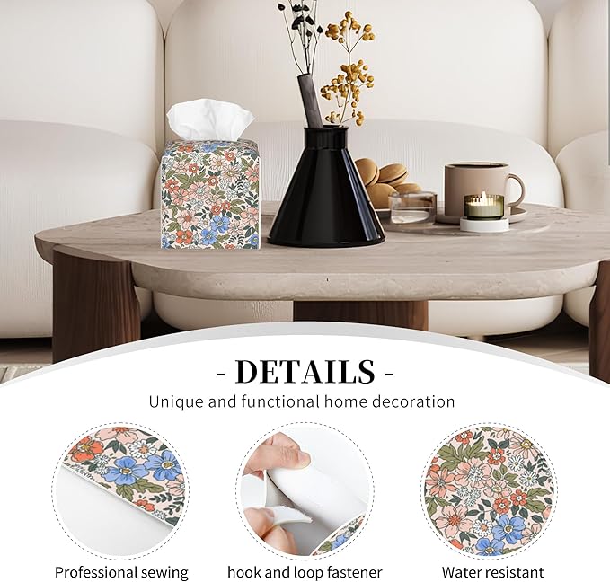 POIUBLE Vintage Floral Tissue Box Cover Leather Tissue Box Holder Square Facial Paper Organizer Dispenser for Bathroom Kitchen Bedroom Vanity Countertop Night Stands