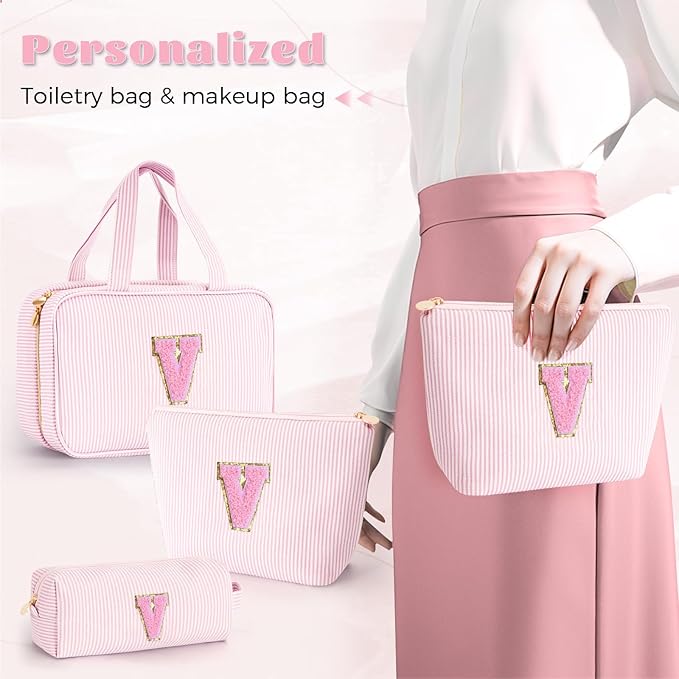 Fystdtote Cute Gifts Travel Toiletry Makeup Bag - Travel Cosmetic Bag for Women Yoga, Picnic, Personalized Friend Birthday Gifts with Monogram - Pink V