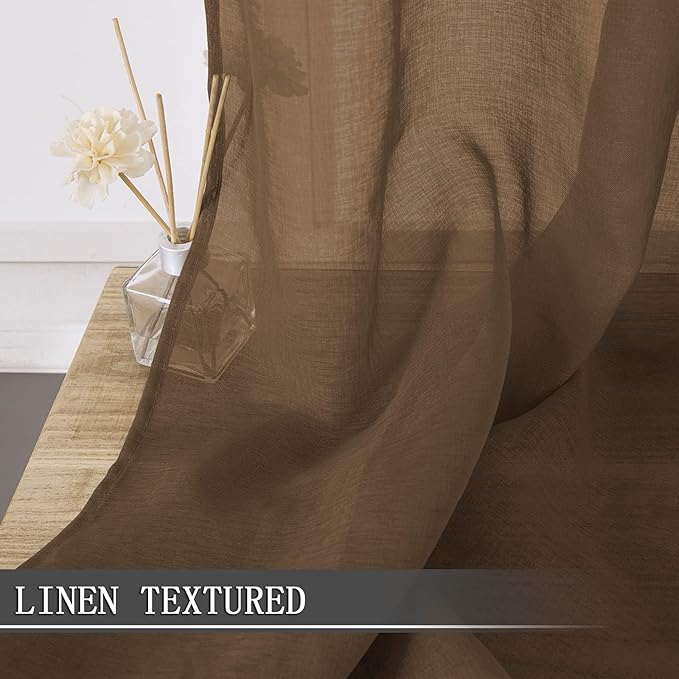 Tollpiz Short Sheer Curtains Linen Textured Living Room Curtain Sheers Light Filtering Rod Pocket Voile Curtains for Bedroom, 42 x 45 inches Long, Brown, Set of 2 Panels