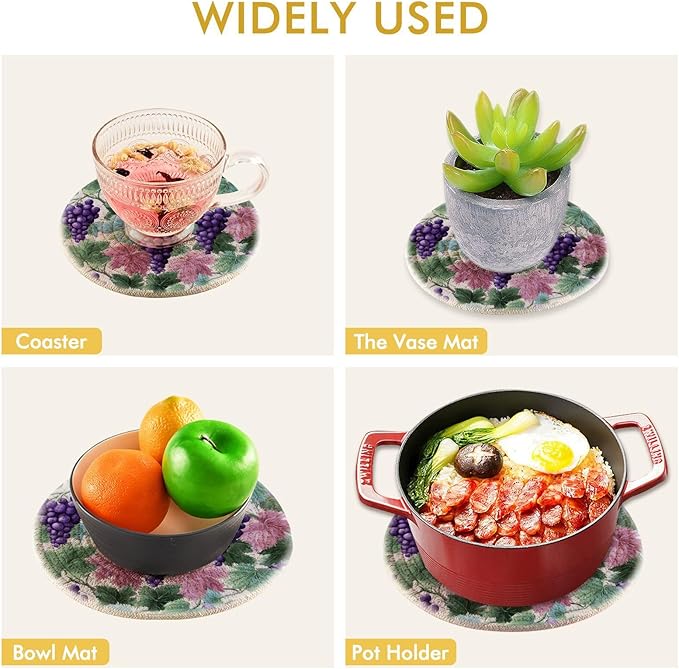 Boccsty Spring Summer Grape Trivets for Hot Pots and Pans Leaves Pot Holders 2PCS Hot Pads Kitchen Pot Holder for Counter Table Countertop Farmhouse