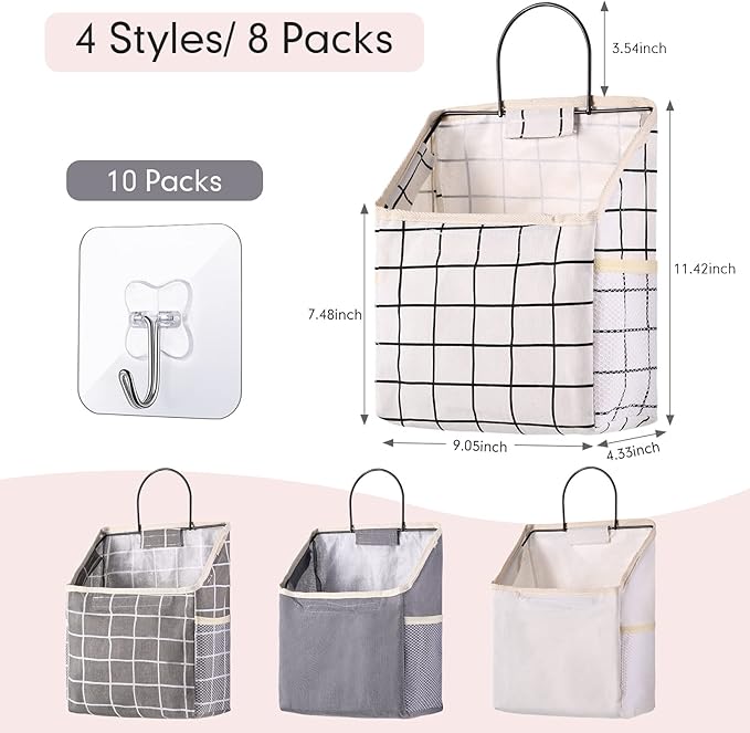 Boao 8 Packs Wall Hanging Storage Bag, Wall Storage Organizer Bags with Hooks, Over The Door Hanging Basket for Dormitory Bathroom Bedroom, Living Room Kitchen(Cute Color)