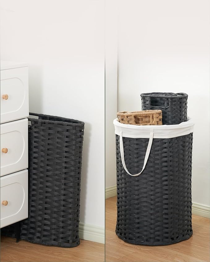 SETVSON Laundry Basket with Lid Round Rattan Laundry Hamper with Lid and Handles 29.1 Gal (110 L) Handwoven Woven Basket with Removable Bags and 2 Mesh Bags for Bathroom Living Room Black