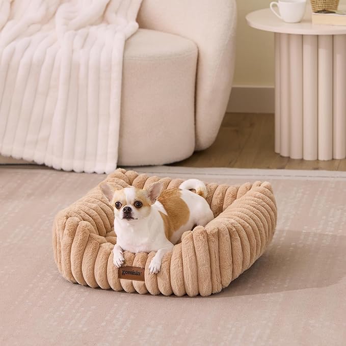 ZOMISIA Small Dog Beds for Small Dogs - Washable Cat Beds for Indoor Cats, Rectangle Orthopedic Puppy Bed with Fluffy Removable Cover, 20x19x7inches, Beige