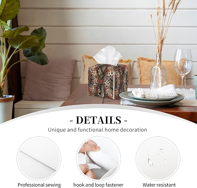 POIUBLE Leather Tissue Box Holder African Animal Leopard Print Tissue Box Cover Square Waterproof Tissue Holder Organizer Modern Napkin Holder for Bedroom Dresser Night Stand Office Desk