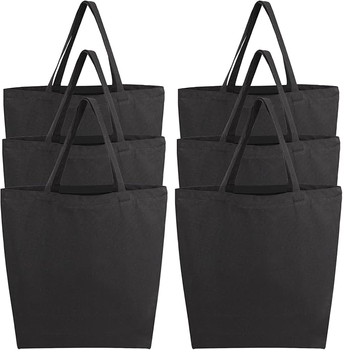 Segarty Canvas Tote Bag for Women, 6 Pack 20x15.7 Reusable Black Shopping Bag, Natural Cotton Durable Shoulder Bag Aesthetic, Blank Canvas Tote Bulk for DIY, Gift, Grocery, Beach, Travel