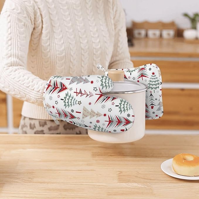 Silicone Oven Mitts and Pot Holders Sets, Home Beautiful Christmas Tree Heat Resistant BBQ Gloves for Kitchen Baking Cooking Grilling Microwave