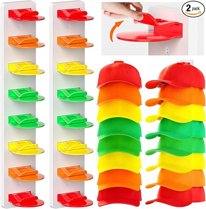 Haiou 2 Pack Hat Organizer for Baseball Caps Strong Adhesive Hat Rack for Wall Multilayer Hat Storage Display Holder Wall Mounted Hat Hooks Hold up to 16 Hats for Closet Door and Bedroom, Multicolor