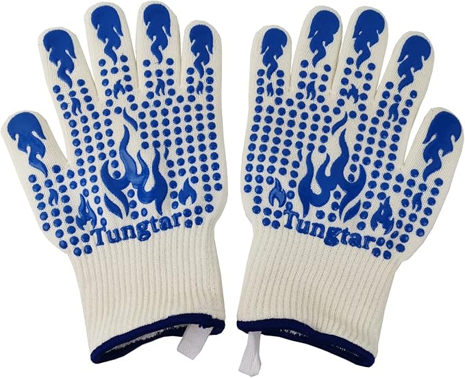 Oven Mitts Heat Resistant BBQ Proof Glove 11Inch 1472℉ Grill Glove Proof Heat for Women Men BBQ Gloves Gift Set Cooking Gloves for Cooking, Grilling, Baking, Welding (White Blue)