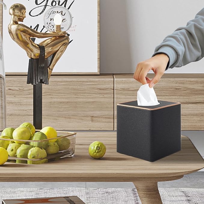 XNONE Tissue Box Cover Square Tissue Box Holder PU Leather Facial Organizer with Magnetic Bottom,Decorative Napkin Caddy for Vanity Dresser Night Stand Table Countertop Home Office Car,Black