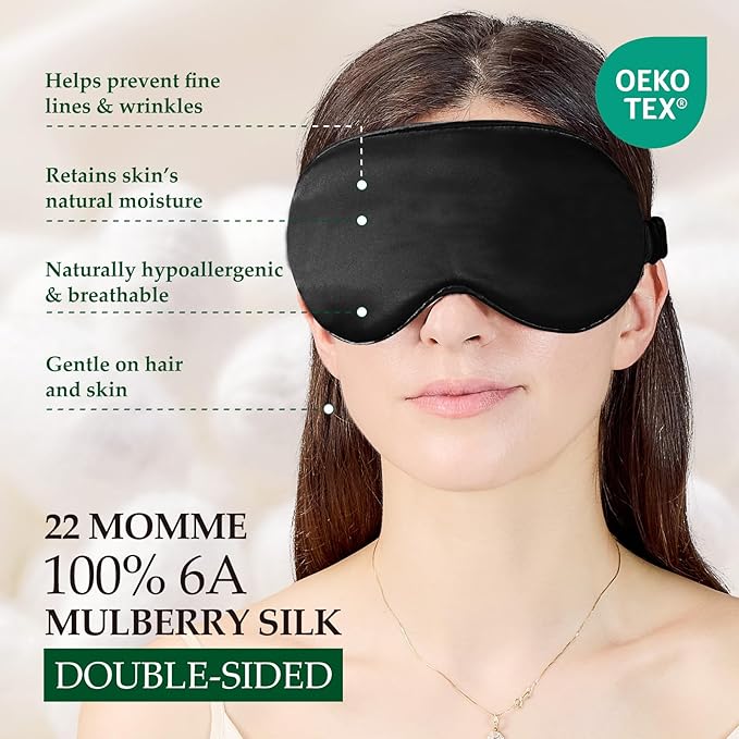 SGMSILK 100% Mulberry Silk Sleep Mask for Unisex, 22 Momme 3D Silk Contoured Eye Mask, Breathable Light Blocking Blindfold with Adjustable Strap, Blackout Eye Cover for Travel, Black