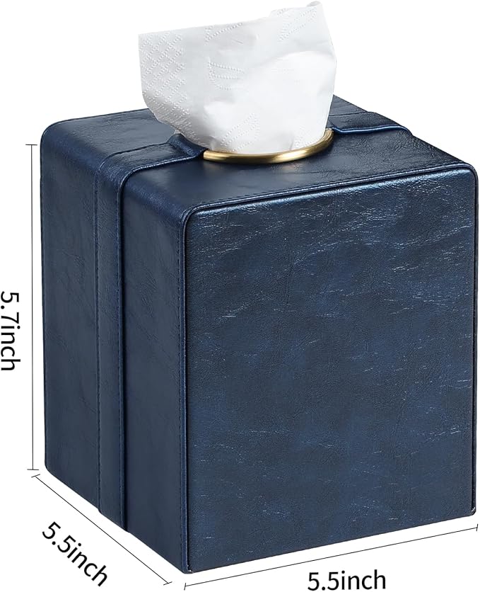 Cretkhp Luxury Square Tissue Box Cover, PU Leather Tissue Box Holder with Magnetic Closure and Gold Decorative Grommets for Bathroom Bedroom, Decorative Elegant Cube Tissue Holder (Blue)