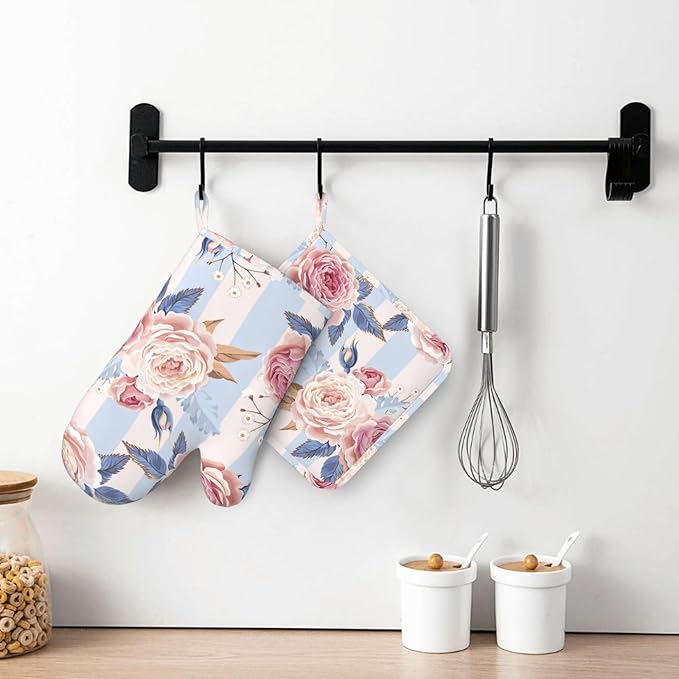 Blue Striped Flowers Oven Mitts and Pot Holders Sets, Home Silicone Heat Resistant BBQ Gloves for Kitchen Baking Cooking Grilling Microwave