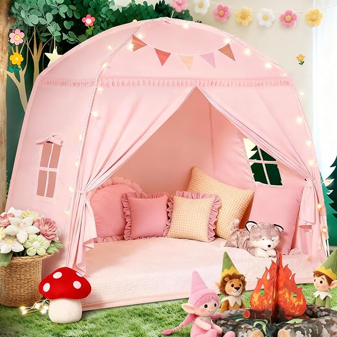 Sumbababy Large Teepee Tent for Kids: with Star Lights - Tent for Toddler Indoor Kids Teepee Tent for Boys & Girls - Toddler Play Tent Inside Canopy Bed for Playroom Gift Toys (Pink)