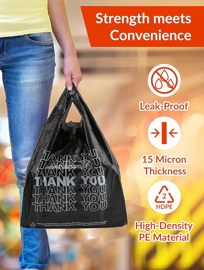 UMT Plastar 500 Count Thank You Plastic Bags, 12" x 6" x 22", 15 Mic Black Grocery Bags with Handles, Ideal for Restaurants, Retail, Grocery Stores, Takeout, Convenience Stores