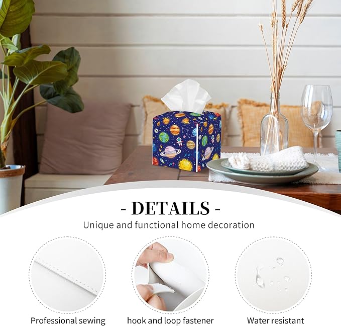 POIUBLE Leather Tissue Box Holder Solar System Universe Planet Tissue Box Cover Square Waterproof Tissue Holder Organizer Modern Napkin Holder for Bedroom Dresser Night Stand Office Desk