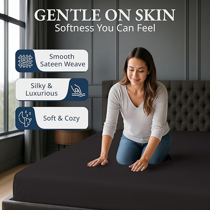 Lane Linen 100% Egyptian Cotton Queen Size Fitted Sheet Only (61"x81" + 16") - Elegant Sateen Weave, Ultra Soft, Breathable, Highly Durable, Deep Pockets Upto 17" - Black