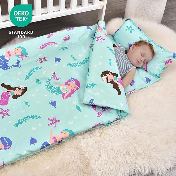 david's kids Toddler Nap Mat Set with Removable Pillow, Ultra Soft Slumber Bags for Boys Girls Neutral，Perfect for Preschool, Daycare, Kids Sleeping Bags with Rollup Design, 50"x20", Mermaid