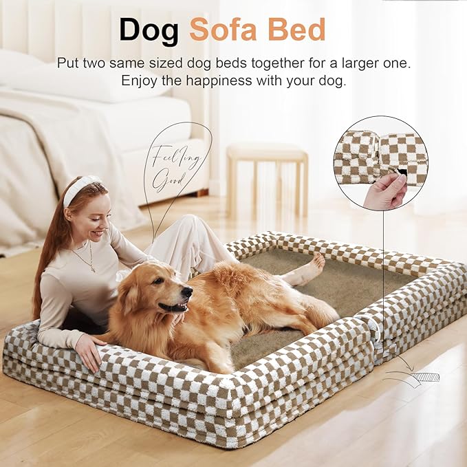 Large Dog Bed Orthopedic Washable: Beds Bolster XL Bed Large Big Dogs Egg Crate Foam Couch Sofa Waterproof with Removable Cover - Brown Grid