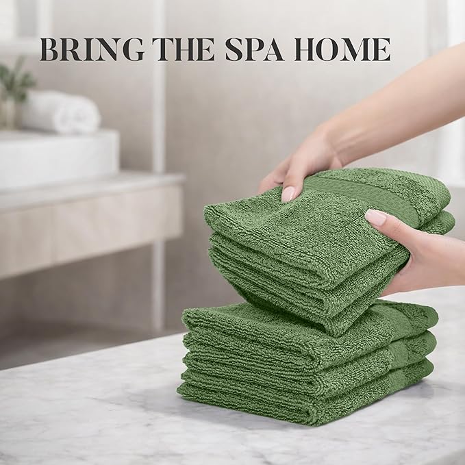 RIVERSIDE 12 Pack Premium 100% Cotton Face Wash Cloths, 12 x 12 Inches, Soft & Absorbent Face Towels for Bathroom Wash Clothes, 550 GSM, Luxury WashCloths for Showering, Body, Spa & Gym, Sage Green