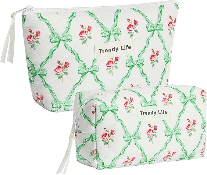 HAOGUAGUA 2 Pieces Makeup Bag, Small Large Quilted Cosmetic Bag, Travel Floral Make Up Toiletry Organizer Bag for Women Girls (2PCS STYLE A-2)