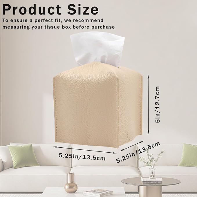 Hapforever 1PC Square Tissue Box Cover, PU Leather Square Tissue Box Holder with Bottom Belt Modern Tissue Box Organizer for Bathroom/Car/Hotel/Office (5.25”x5.25”x5”, Beige)
