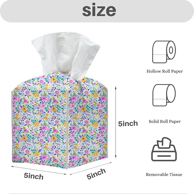 Tissue Box Cover, Tissue Box Holder, Square with Belt Bottom, PU Leather Decorative Organizer for Desk, Tabletop, Countertop Bathroom, Toilet Car, Office, Dresser Bedside, Aesthetic Floral Decor