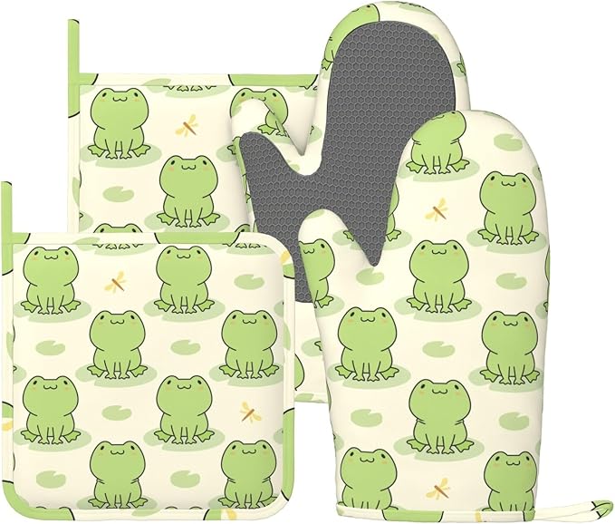 Cute Frog Oven Mitts and Pot Holders Set of 4 Silicone Heat Resistant Oven Mitten Potholders Non Slip Gloves Kitchen Decor for BBQ Cooking Grilling Baking
