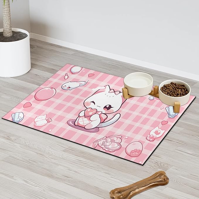 Eizlang Pink Kitten Dog Food Mat,12"x20" Inches Rapid Absorbent Pet Feeding Mat,Pets Placemat Water Bowl Mats with Rubber Backing,No Stains Dog Cat Feeding Mats Indoor,Pet Accessories Supplies