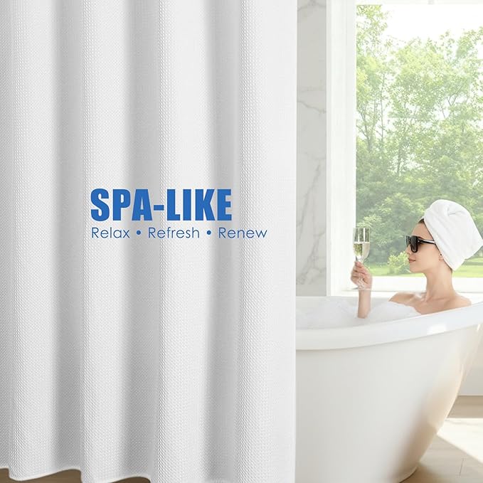 Zemyovia White Waterproof No Hooks Waffle Shower Curtain, 260GSM Heavy Duty Fabric, with 10 Durable Split Grommets, Luxury Hotel Spa Style for Bathroom, Machine Washable, 74 x 72 Standard Size